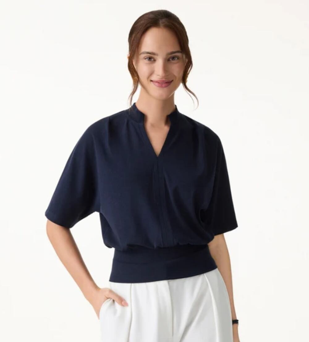 NWT OGL Stand Collar V-Neck Short Sleeve Top Relaxed Navy Blue Women Size S